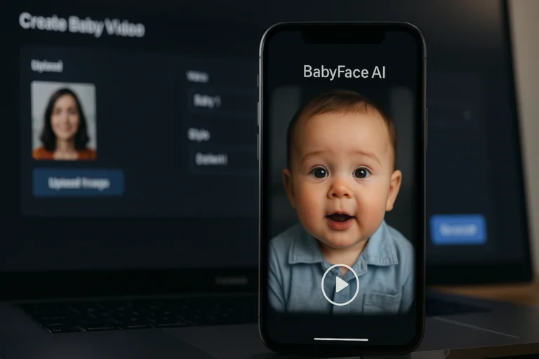 Smartphone showing a BabyFace AI video preview with dashboard in the background